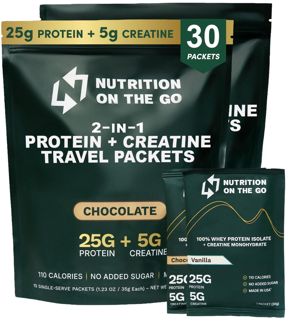Nutrición en la proteína de Go Whey Packets con Creatina – 25g Proteína + 5g Creatina – Polvo de proteína de un solo paso - Empaquetado de Variedad (Vanilla y Chocolate) (30-Pack)