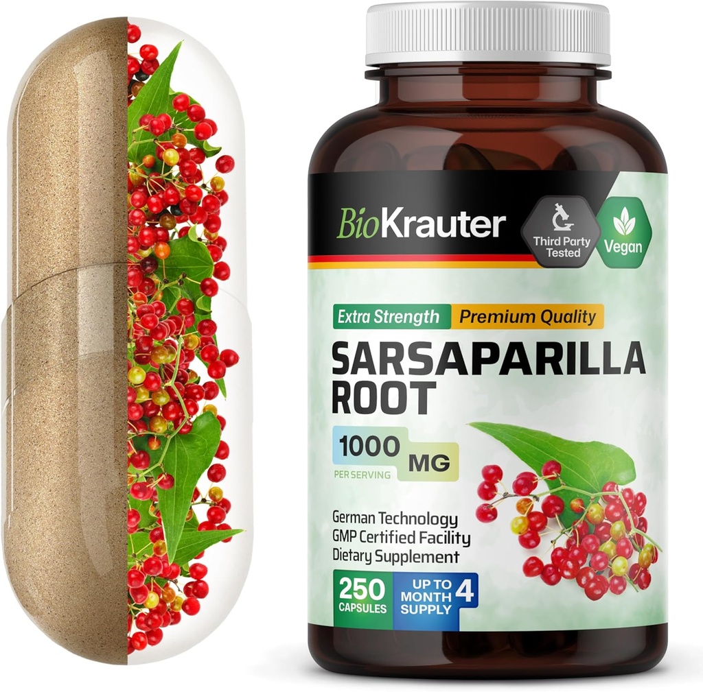 BIO KRAUTER Sarsaparilla Root Capsules - 1000 mg Fuerza - 250 Sarsaparilla Vegan Extract Caps - No Fillers