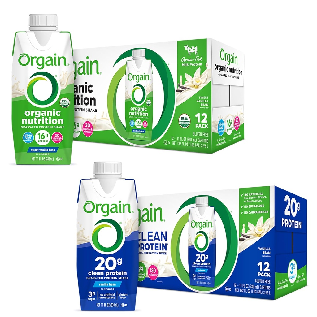 Orgain Protein Shakes Bundle - Grass Fed Whey y Milk Protein, Vanilla Flavored (12 Pack)