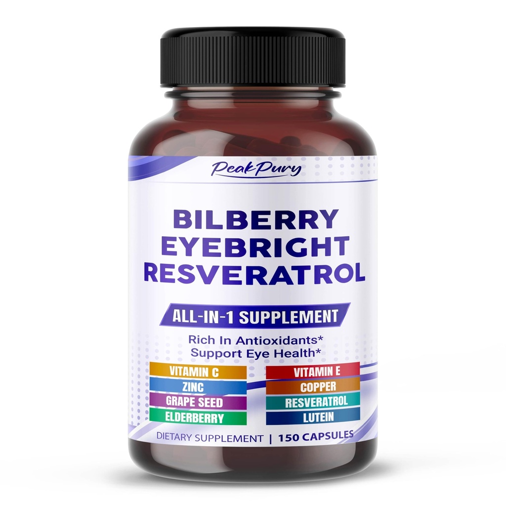 All-in-1 Bilberry Eyebright Astaxanthin Elderberry Resveratrol Suplemento - Rich in Antioxidants &amp; Supports Eye Health - Made in The USA -150 Capsules