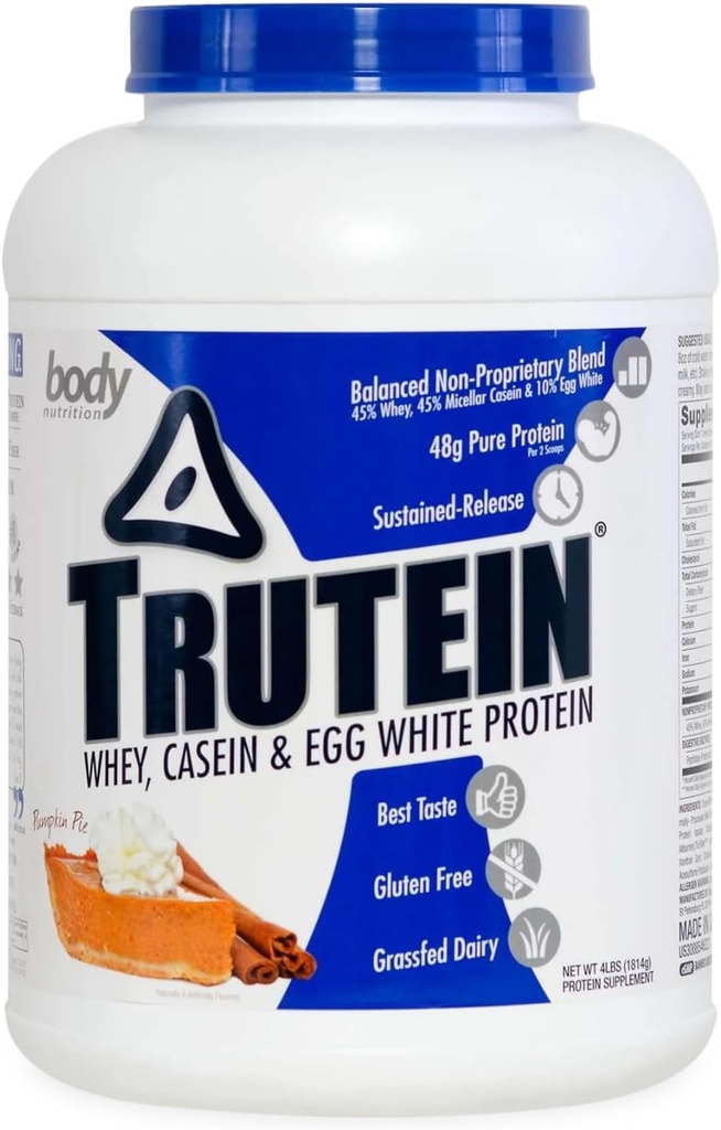 Nutrición corporal Trutein High Protein Powder: 45% Whey, 45% Casein, 10% Egg White, Gluten-Free, Low Sodium, Grass Fed Whey Protein Powder, Gym Suplemento &amp; Breakfast Shake, Pumpkin Pie, 4lb