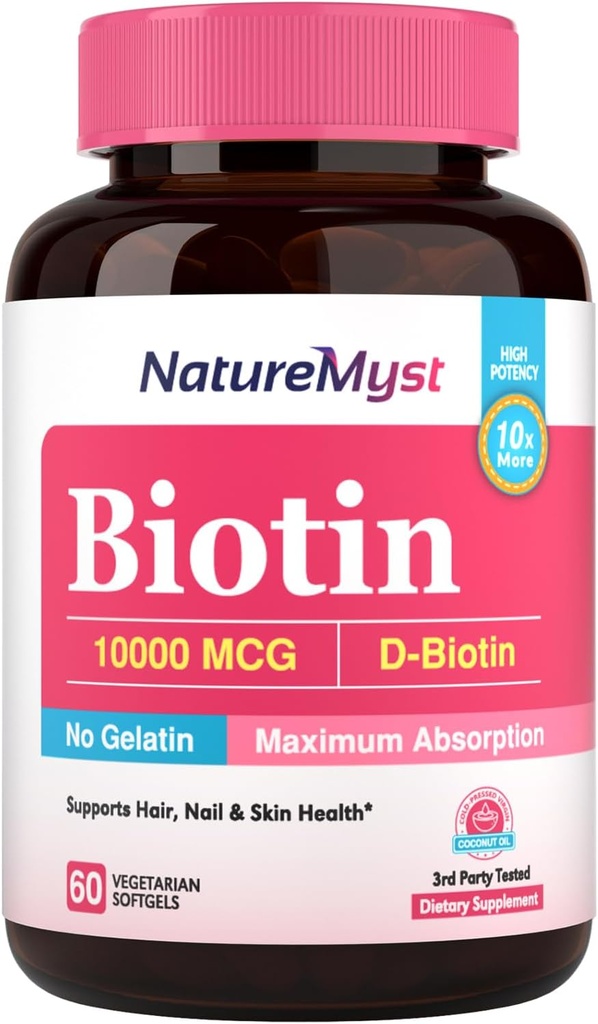 Biotina 10000 mcg, alta potencia, biológicamente activa, aceite de coco prelado frío para la absorción máxima, sin gelatina, cabello, uñas, piel, 60 Softgeles vegetarianos