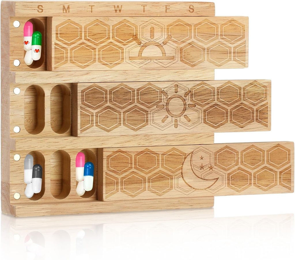 Hushee Wood Organizador semanal de píldoras 3 veces al día 7 días Gran caja de medicina Mantenedor diario de medicamentos Caso de dispensador de vitaminas Pill Sorter Fish Oil Containers for Weekly Supplements Outdoor Travel