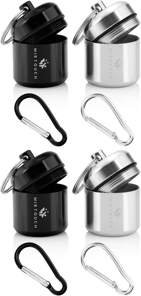 Portable Keychain Pill Holder Case for Round Glucose Tablets & Critical Medicine - Discreet Waterproof Key Chain Container Carrier with Strong Carabiners - Aluminum Alloy Pill Fob Box - 4 Pack