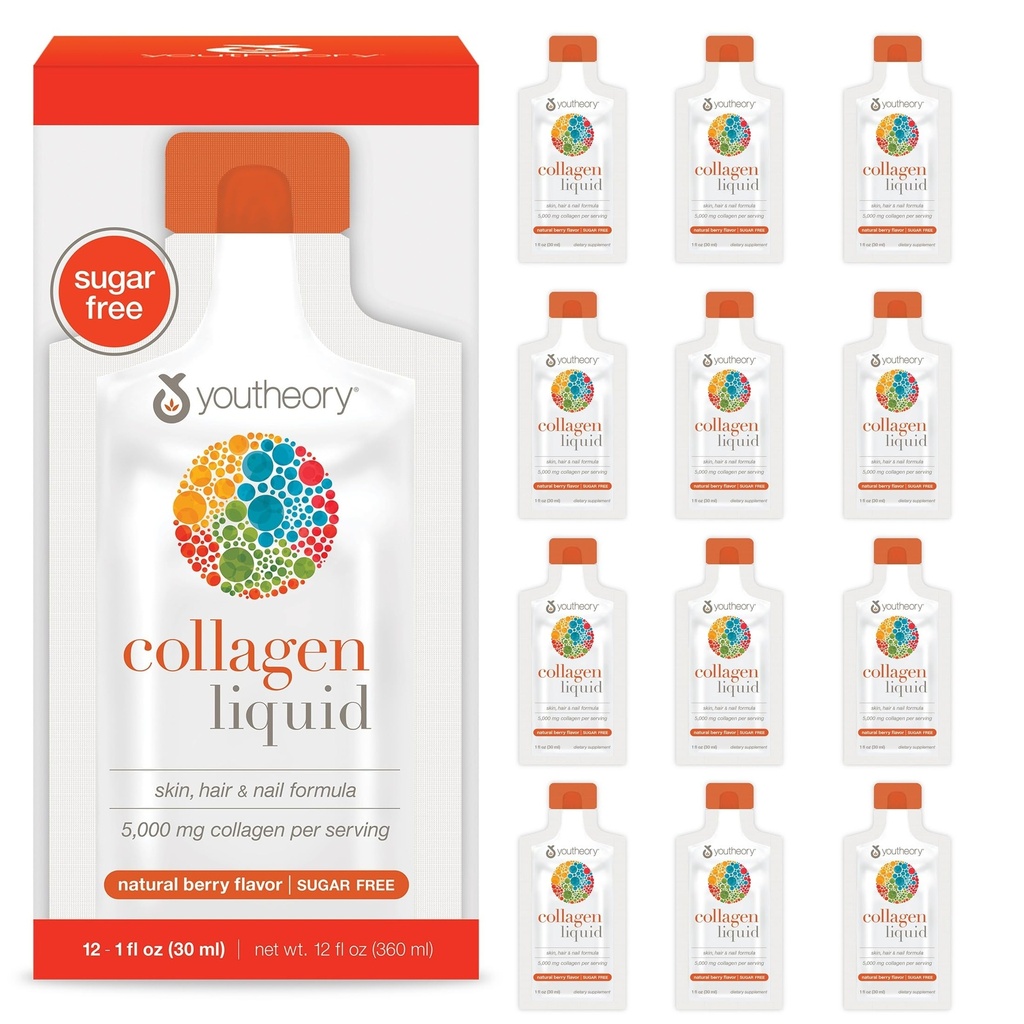 Teoría Collagen Líquido - 5.000 mg - para el crecimiento del cabello, piel & uñas* - Soportes Conjunto, bonificación &amp; musculo Salud* - con Aminoácidos - sabor de baya - 12 paquetes de servicio único (12-Day Supply)