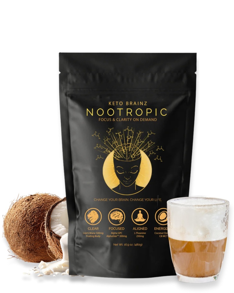 Keto Brainz C8MCT Basado en Nootropic - con 500mg Lion's Mane Mushroom, AlphaGPC & L-Theanine Este es el último fácil de usar Stack nootrópico & hace café de seta delicioso! 16oz. 30 Servicios