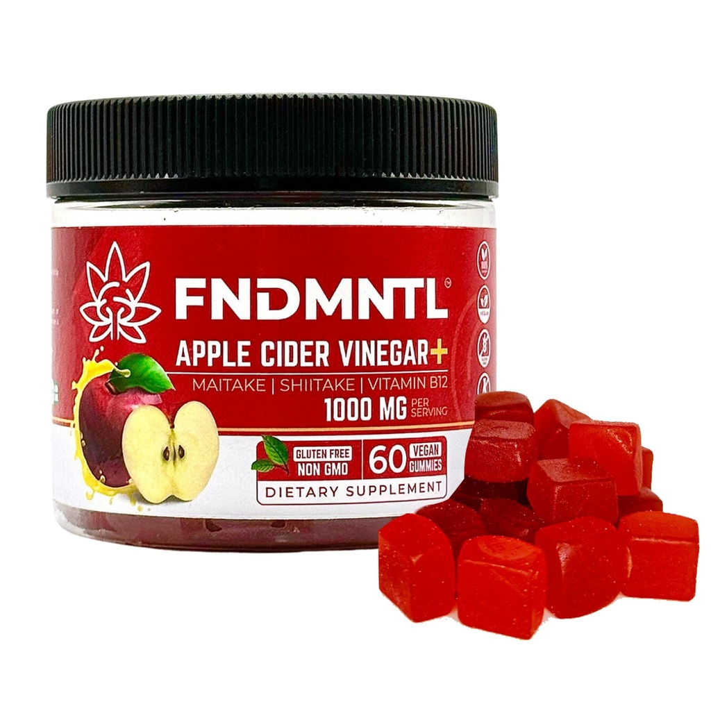 FNDMNTL Manzana Vinagre Gummies ← Maitake, Shitake, Vitamina B12 Silencio 1000 mg Silencio 60 Conde Silencio libre de gelatina, libre de gluten, vegano y no GMO