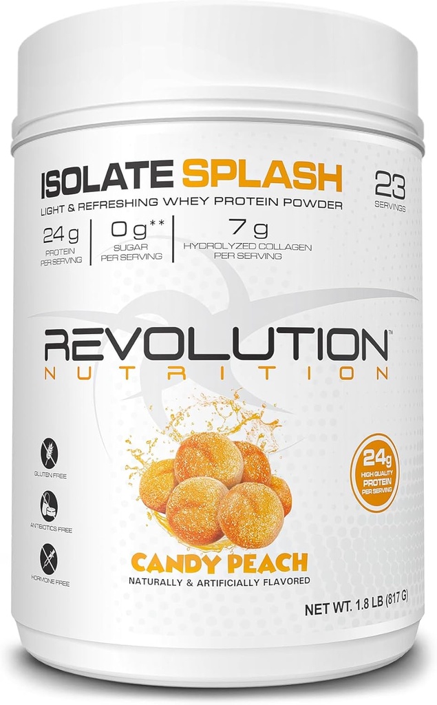 Revolution Nutrition, Isolate Splash, Clear Whey Protein Powder, Juice-Type Protein, Candy Flavour, Collagen, 24g de Protein Por Scoop, Zero Sugar, 817g, 23 Servings (Candy Peach, 1.8 Pound)