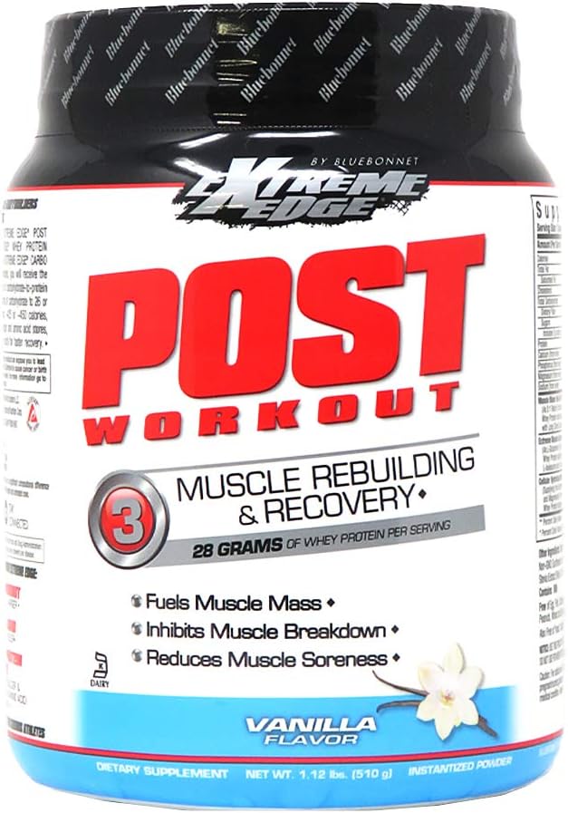 Bluebonnet Nutrition Extreme Edge Post Workout Protein Powder, Grass Fed Cows, 28 Grams of Protein, No Sugar Añadido, Gluten Free, Soy Free, Kosher Dairy, 1.12 lb, 12 Servings, Vanilla Flavor