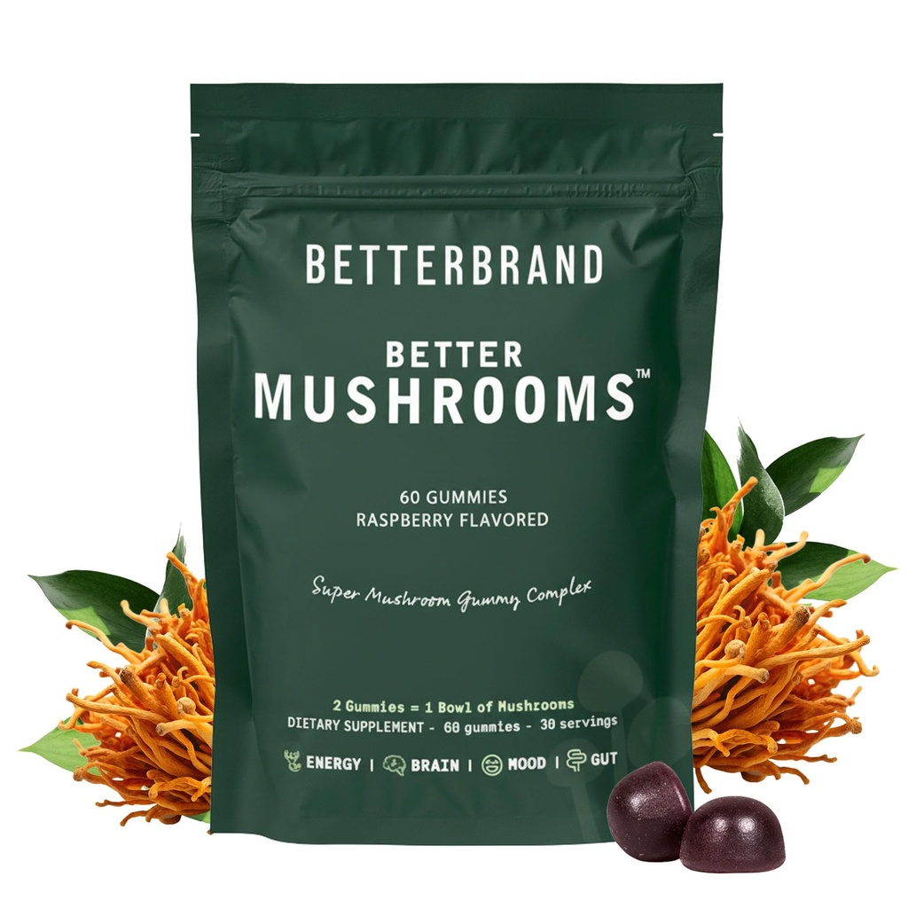 Betterbrand BetterMushrooms Nootropic Gummies - Apoya Mejor Gut Health, Función Cognitiva, Claridad Mental con 10 Mushrooms Funcionales - 60 Gummies - Raspberry Flavor - Pack de 1