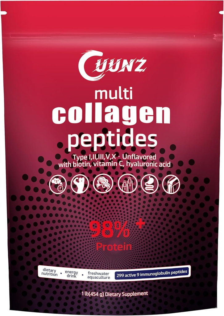 Multi Collagen Protein Powder - Tipo I,II,III,V,X con Biotina, Ácido Hialurónico, Vitamina C - Peptidos de Collagen Desarmados (Multi Collagen Peptides 1lb)