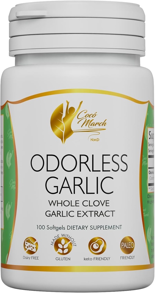 Cocó Marzo N.M.D Aceite de ajo sin olores de ajo entero - Apoyo inmunológico & Microbiome Health. Fórmula Libre de Gluten y Dairy, Paleo y Keto Friendly, 50 Servimientos