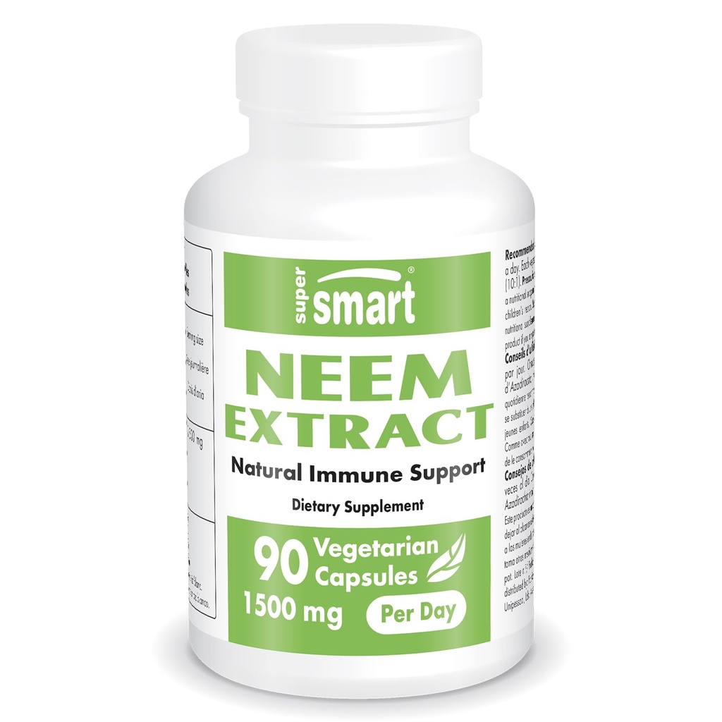 Supersmart - Neem Extract 1500mg por día - Azadirachta Indica Leaf Oil Extract - Neem Supplement ← No Gluten Libre - 90 cápsulas vegetarianas