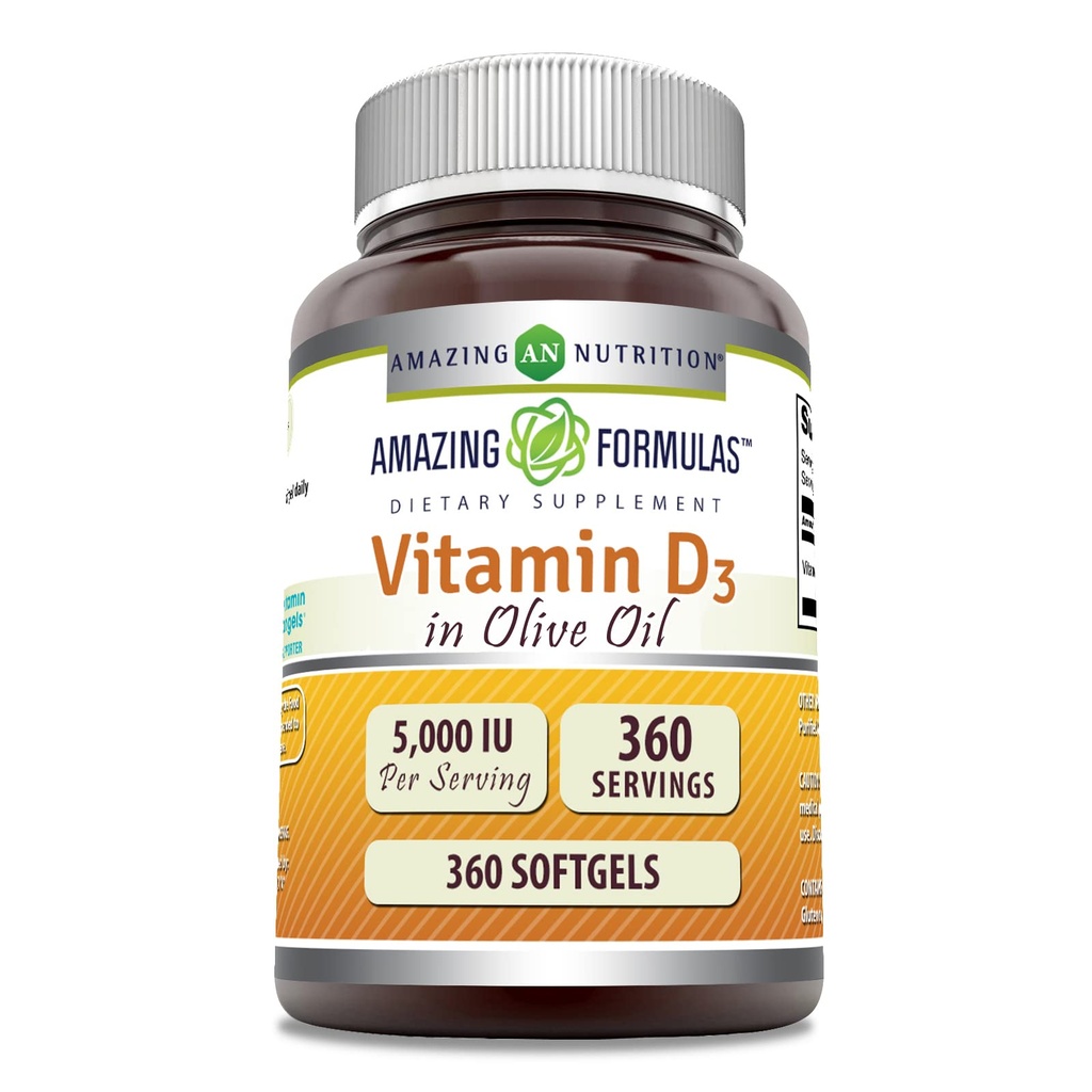 Fórmulas asombrosas Vitamina D3 en Aceite de Oliva 5000 Suplemento de la UI Silencio Softgels Silencio No Gluten-Free TEN Made in USA (1 Pack TEN 360 Count)