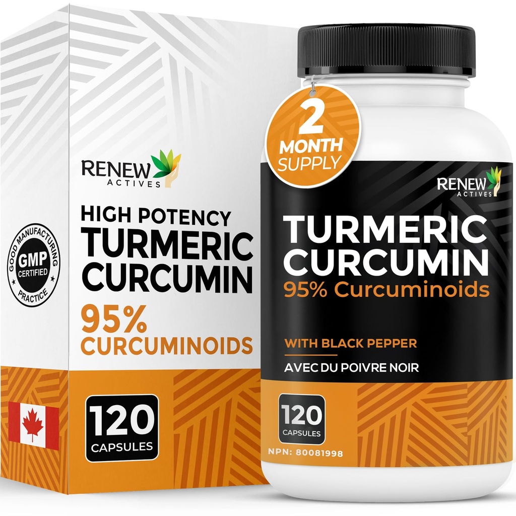 Renew Actives Turmeric Curcumin with Black Pepper – 600MG Turmeric Root, 100MG Curcuminoids por 2 cápsulas – Apoya Digestión, Salud del hígado, Alivio Conjunto y Movilidad – Hecho en Canadá – 120 cápsulas