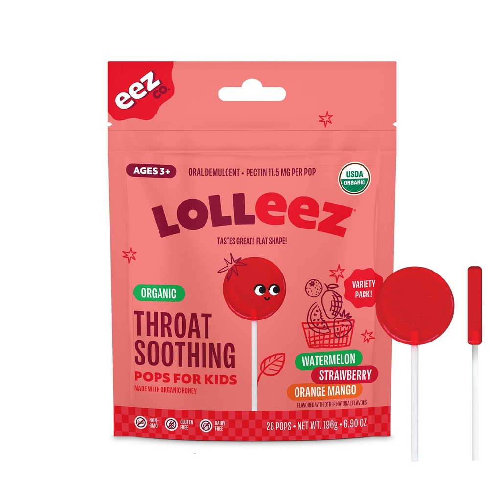 Lolleez Lollipops orgánicos para niños Sore Throat Relief, Vaiety Pack Perfect for Soothing A Sore Throat While Tasting Great, Strawberry, Watermelon & Orange Mango, 28 Count