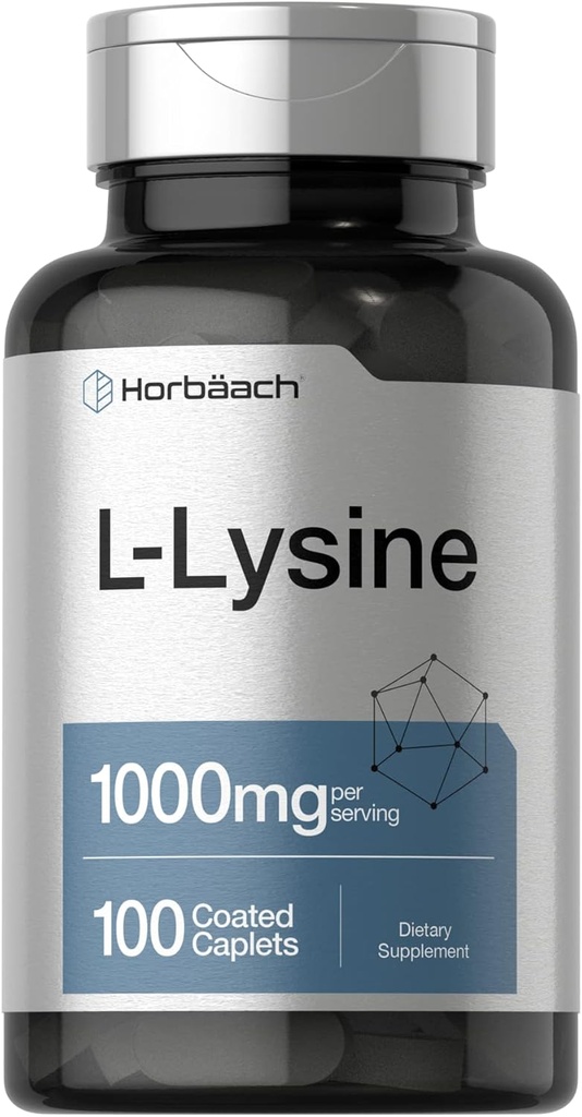 Horbäach L-Lysine 1000mg ← 100 Coated Caplets ← Forma gratuita Suplemento dietético ← Aminoácidos esenciales Silencioso Vegetariano, No GMO, y Fórmula Libre Gluten