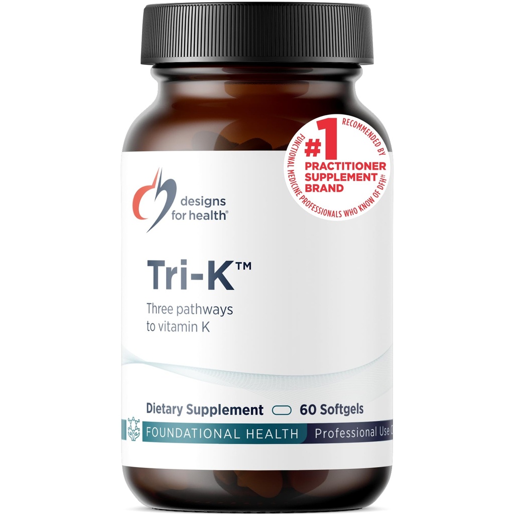Diseños para la salud TRI-K - Tres formas de vitamina K + GG, Suplemento de alta potencia - 2000mcg Vitamina K1, 500mcg K2 MK-4 - No GMO + Gluten Gratis (60 Softgels)
