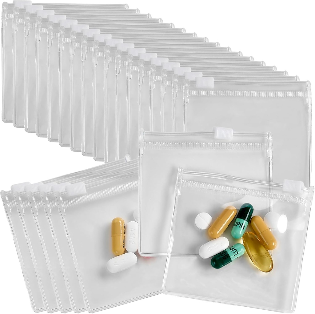 Bolsas de bolsa de píldoras cortadas - 24 piezas, Bloqueo de diapositivas Bolsas limpias de plástico, libre de BPA para píldoras Vitaminas, Suplementos, Medicamentos, Joyería, Artesanía, objetos pequeños - Self-Sealing, Reusable, Travel-Friendly