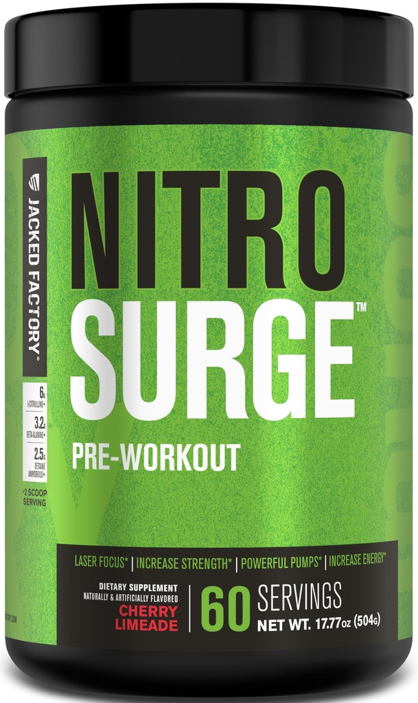 Jacked Factory NITROSURGE Pre Workout Suplemento - Endless Energy, Instant Strength Gains, Clear Focus, Bombas Intensas - NO Booster &amp; Powerful Preworkout Energy Powder - 60 Servings, Cherry Limeade