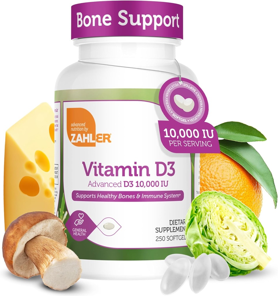 Zahler - Vitamina Avanzada D3 10,000 U Softgels (250 Conde) Kosher Végetariana Vitamina D para soporte inmunitario, bonificación, dientes &amp; salud muscular - Easy Swallow VIT D 3