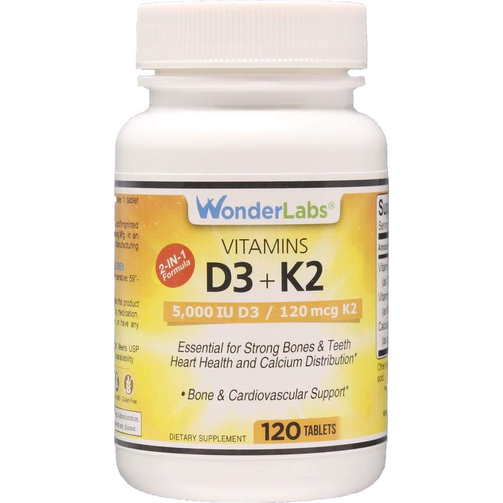 Wonder Laboratories Vitamina D 5,000 UI, Vitamina D3 + K2 Soporta un sistema saludable de inmunológico, esencial para huesos fuertes, salud cardíaca y distribución de calcio, 120 Tabletas