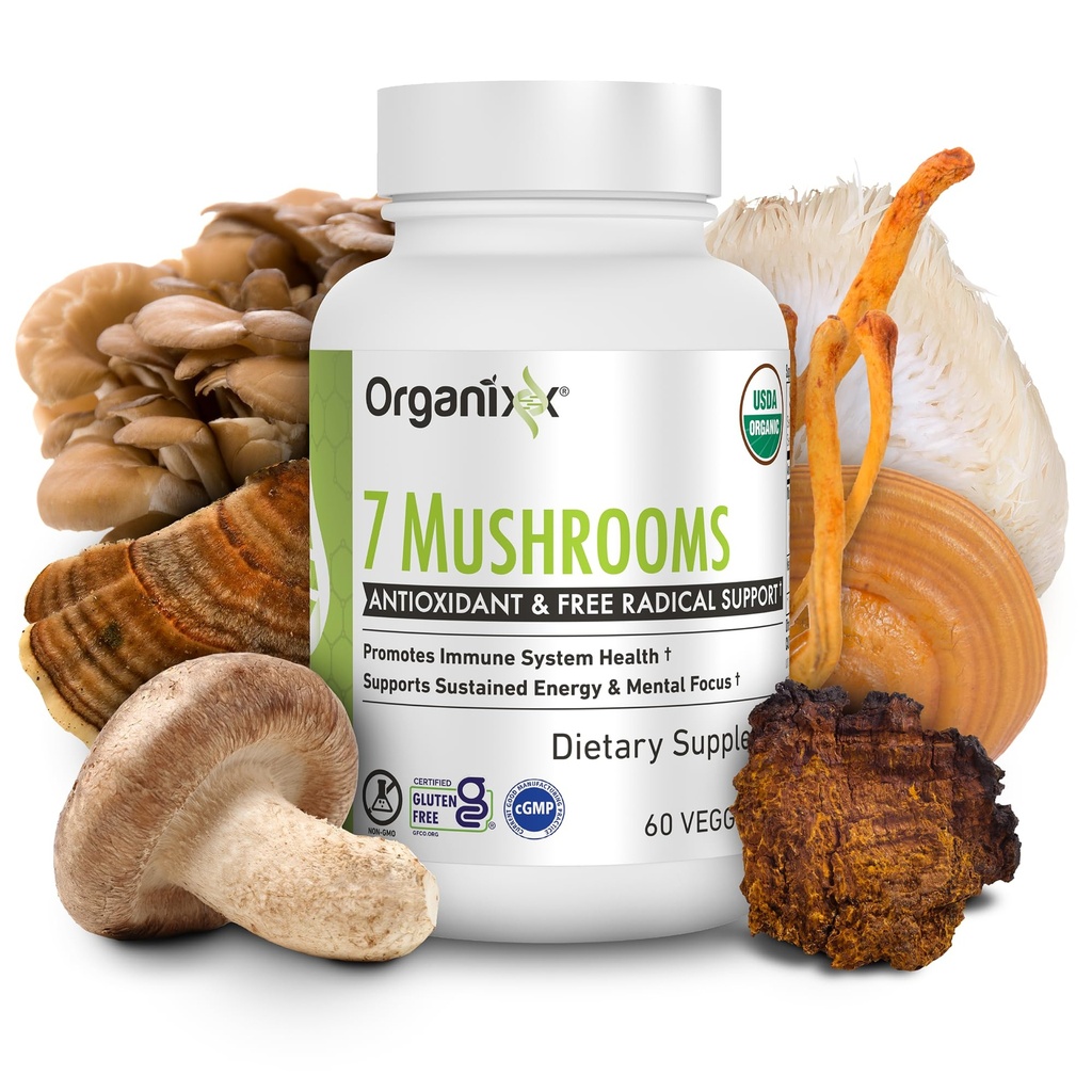 Organixx USDA Organic Mushroom Supplement, 7 Fermented Mushrooms – Lions Mane, Shiitake, Cordyceps, Turkey Tail, Reishi – for Immune &amp; Digestion Support, 60 Vegetarian Capsules