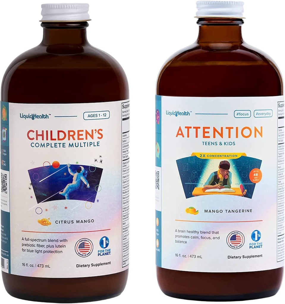 LIQUIDHEALTH Niños completos multivitamínicos & Atención Adolescentes & Niños Liquid Vitamin Bundle for Children - Immune Support, Mejorar el enfoque, concentración, Boost Mood - Vegan, No GMO, Made in USA