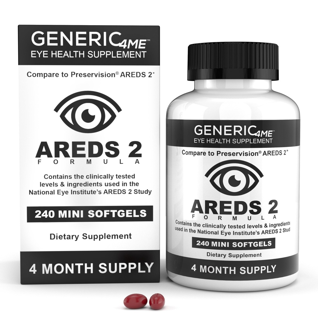 AREDS 2 SoftGels, 500 mg Vitamin C, 400 IU Vitamin E, 10 mg Lutein, 2 mg Zeaxanthin, 80 mg Zinc, 2 mg Copper - Supports Eye Health - 240 Mini SoftGels (Four Month Supply)