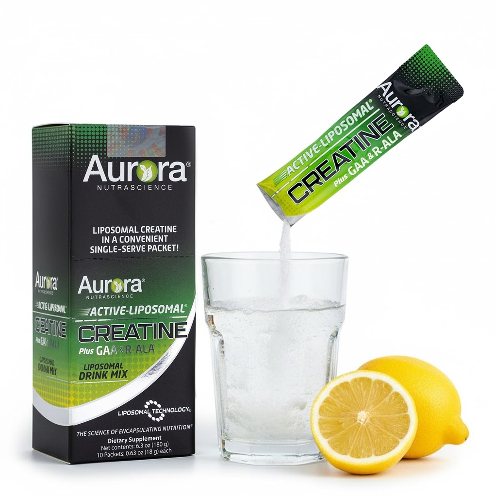 Aurora Nutrascience Liposomal Creatina + GAA " R-ALA Lemon Lime Powder Drink Mix, Aumento de la energía, apoya el ejercicio del ejercicio " Crecimiento muscular para Wowen y hombres, 10 paquetes