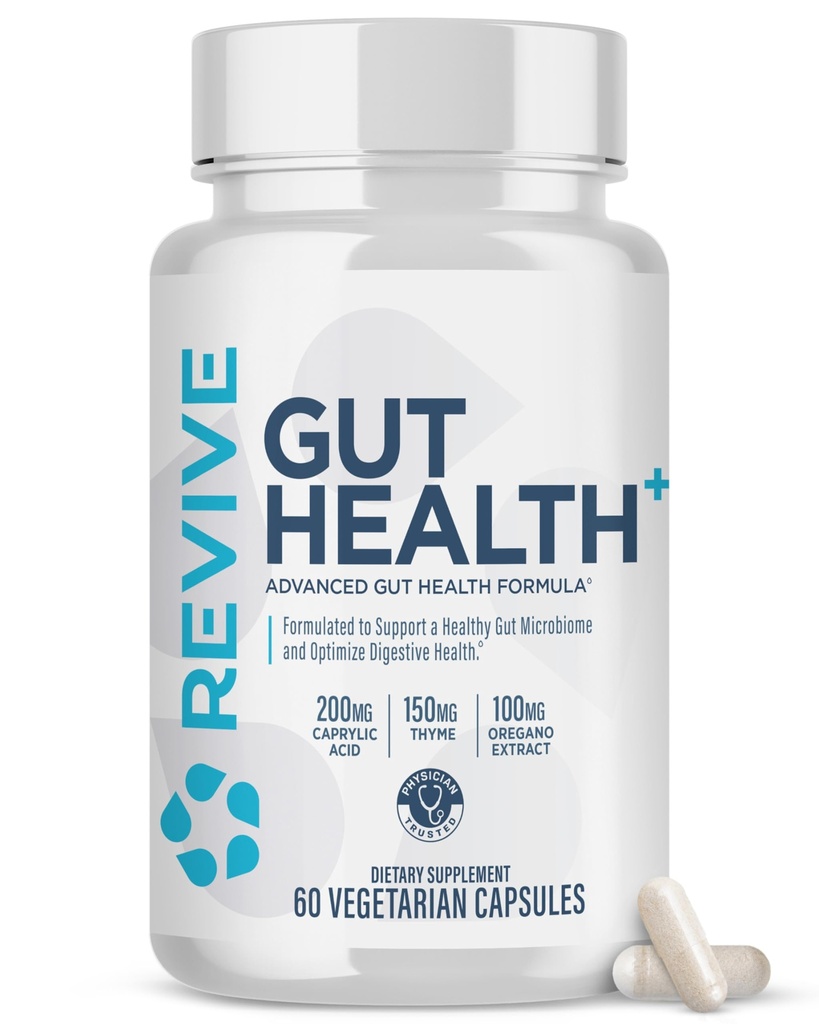 Revive MD Gut Health Supplements for Men &amp; Women - Daily Gut Repair & Digestive Health Support Formula with Thyme, Oregano & Milk Thistle - Vegan-Friendly, Gluten-Free - 60 Vegetarian Capsules