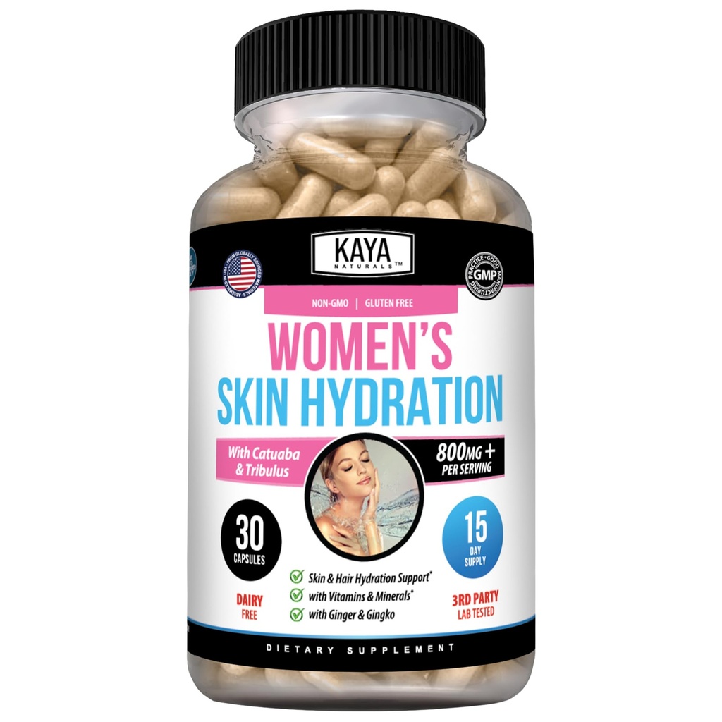 Kaya Naturals Skin Hydration Vitaminas - Pills Mujer - Skin Enhancer Capsules -Hydration Booster for Women - Promueve el aumento de la energía, la humedad y la resistencia - reducción de la sequedad - 30 cápsulas vegetales