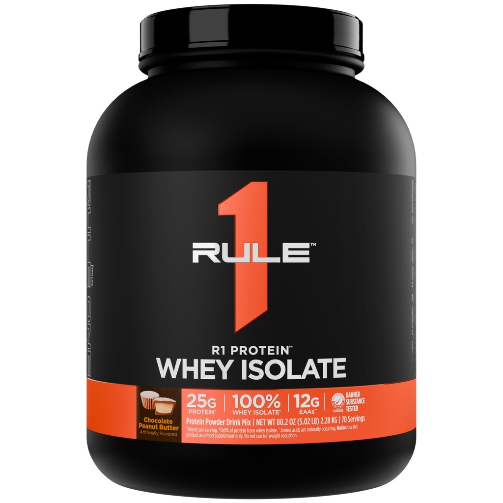Regla 1 R1 Proteína Whey Isolate - con 25g Protein &amp; 6g BCAA Exclusivamente de Fuentes hidrolizadas e hidrolizadas para la recuperación de entrenamiento (5 libras*, mantequilla de maní de chocolate)