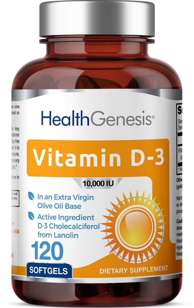 Vitamina D-3 10000 UI 120 Softgels - High-Potency in Extra Virgin Olive Oil Non-GMO Apoyos sin soja Huesos sólidos Inmunes Salud