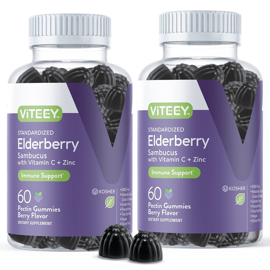 Viteey Sambucus Elderberry Gummies para adultos – Elderberry Vitamina C y Zinc Immunity Gummies - Vegan, Gluten-Free – 120 Condes