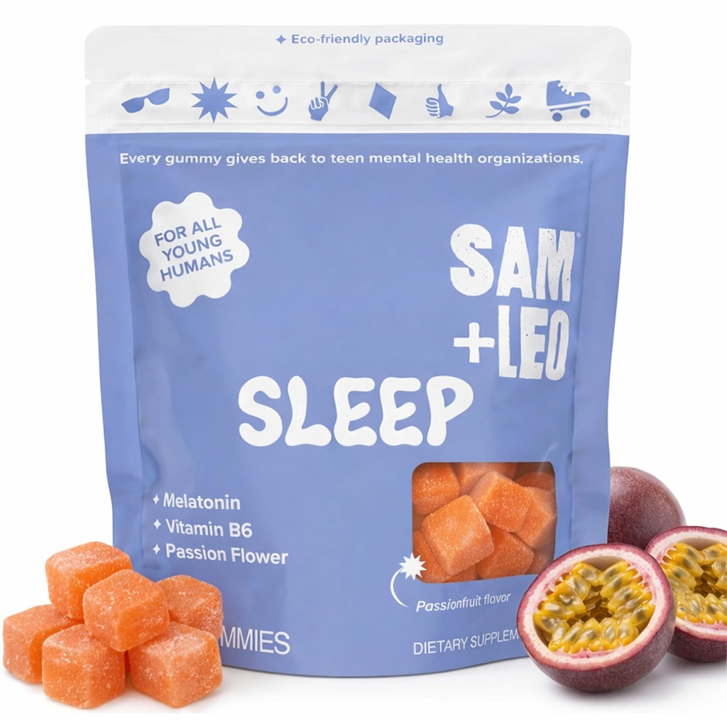 SAM+LEO Gummies de sueño para niños &amp; adolescentes con Melatonina, Pasión Flor &amp; Vitamina B6 - Gentle Sleep Aid Gummies for Restful Sleep ← Natural, Drug Free, Vegan & Gluten Free, Passion Fruit Flavor (60 ct)