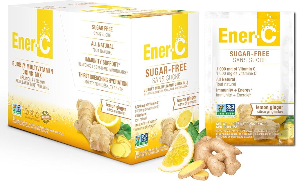 Ener-C Sugar Free Lemon Ginger Multivitamin Drink Mix, 1000mg Vitamin C, Non-GMO, Vegan, Powders de Jugo de Frutas Reales, Apoyo Natural Inmunitario, Electrolitos, Gratuito Gluten, 1-Pack de 30