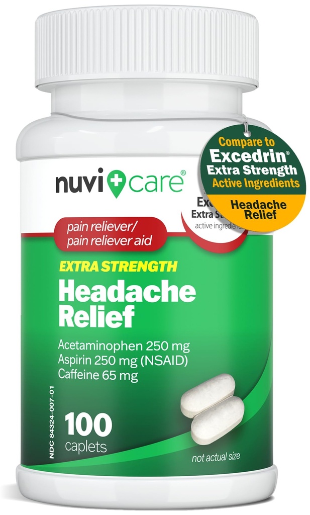 Alivio de dolor de cabeza con Acetaminofeno 250 mg, Aspirina (NSAID) 250 mg, cafeína 65 mg - Alivio Temporal de dolores menores - Comparación con Excedren Extra Strength Pain Reliever (100 cápsulas)