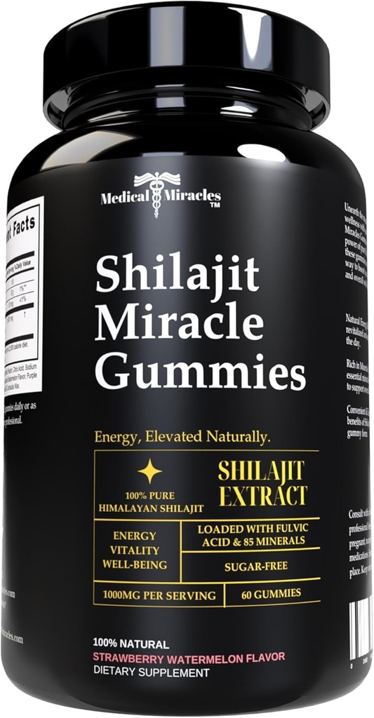 Shilajit Gummies - 1000mg Pure Himalayan Extracto w / Ácido Fulvico, Vegano, Libre de Azúcar, Alta Potencia. Energy & Immunity Support with over 84 Minerals. 60 Gummies deliciosos