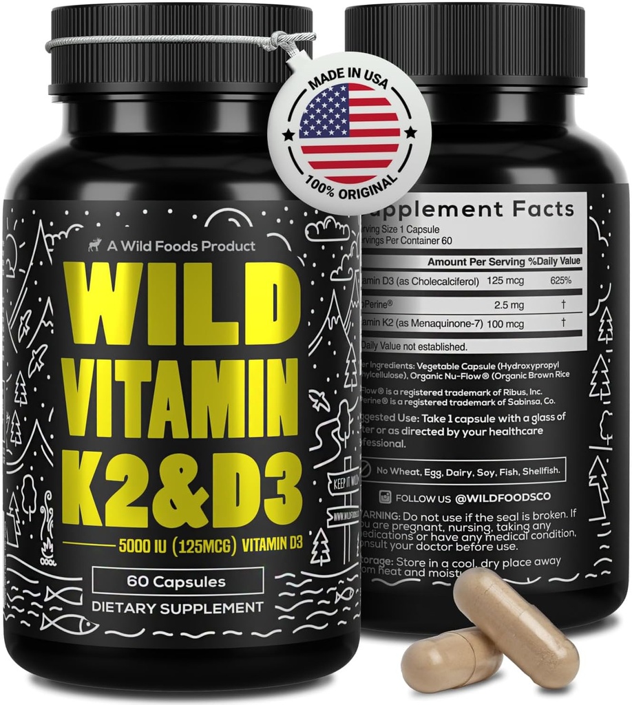 Alimentos silvestres 5000iu Vitamina D3 + K2 fort (100mcg Mk7) con Pepper Negro Extracto, Planta-Basada, No-GMO, Soy & Gluten-Free ← Suplemento dietético Silencio Hecho en EE.UU.