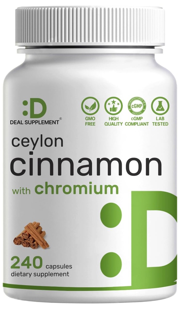 Ceilán de canela con cromo 1000mcg, 240 cápsulas viv Active Inner Bark Extract, True Sri Lanka Source  durable Natural Cinnamon Supplements