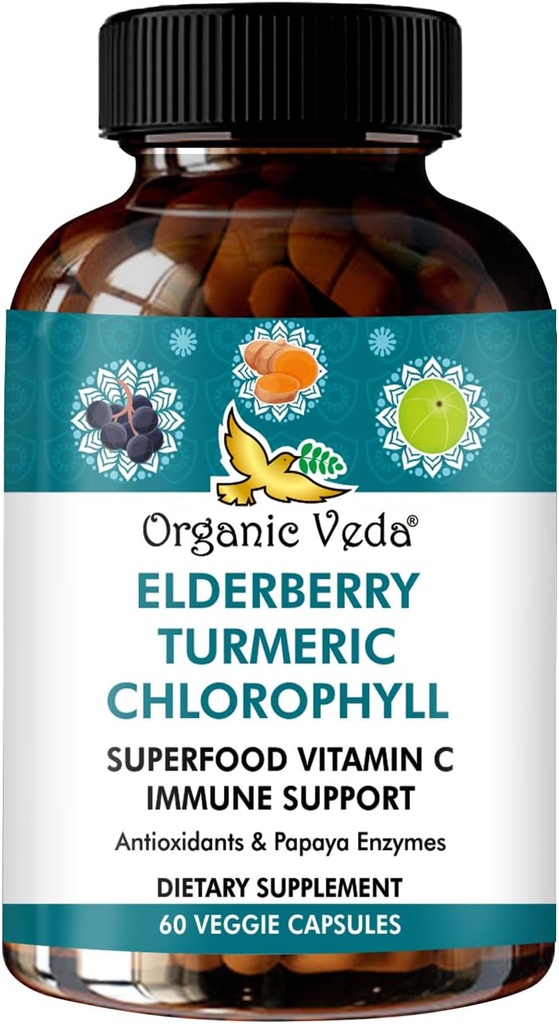 Orgánica Veda Elderberry Turmeric Chlorophyll Immune Support Supplement - Superfoods Antioxidants, Green Vitamin C, Grape Seed Extract, Acerola, Moringa & Papaya Enzymes - 60 cápsulas Vegan