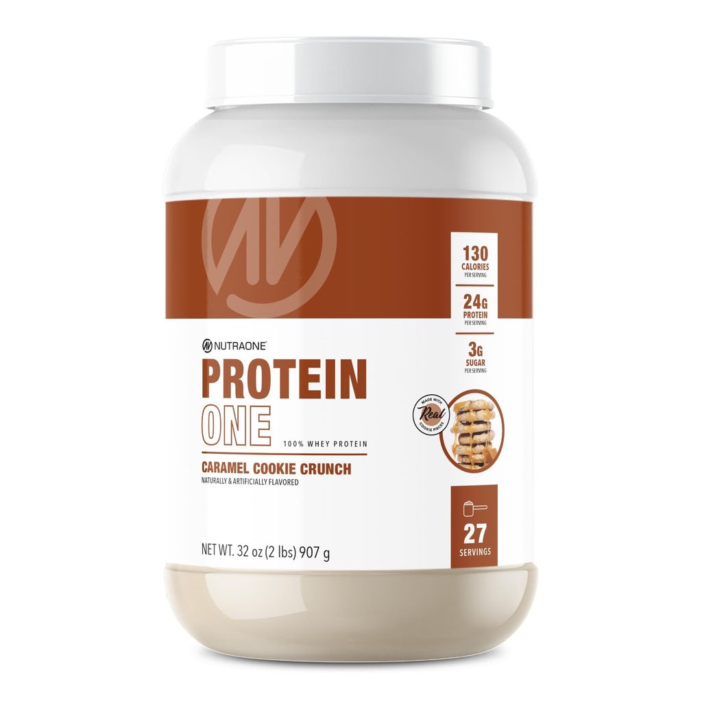 NutraOne ProteinOne Whey Protein Promover la recuperación y construir músculo con una pólvora Protein Shake para Hombres &amp; Mujeres (Caramel Cookie Crunch, 2 LB)