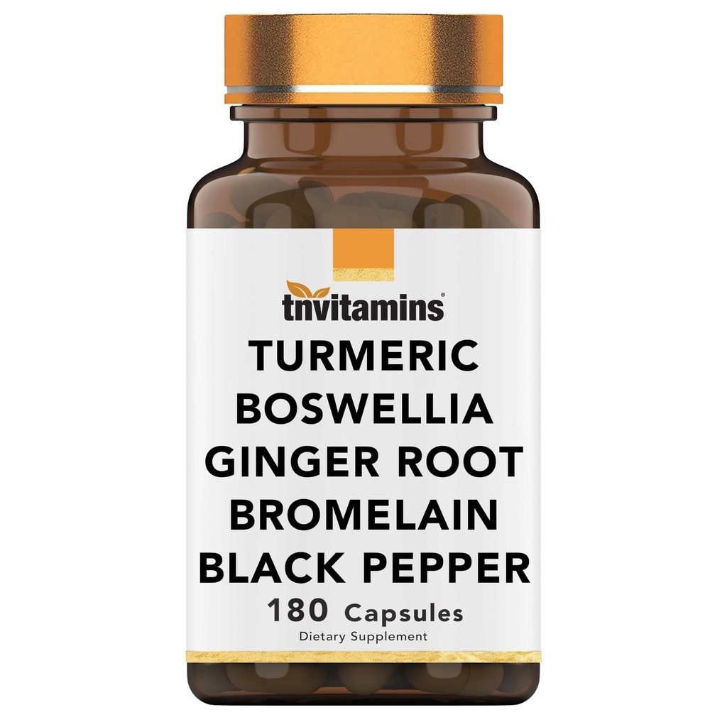tnvitamins Turmeric " Complejo Boswellia (180 cápsulas) con Ginger Root, Bromelain, " Black Pepper Extract ← Joint-Ease Fórmula: Powerful Joint Support Suplemento* Silencio producido en EE.UU.