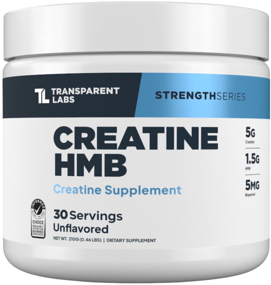 Laboratorios transparentes Creatina HMB - Polvo de Monohidratos de Creatina con HMB para el crecimiento muscular, aumento de fuerza, potencia de energía mejorada y mejor rendimiento atlético - 30 Servimientos, Desflavorado