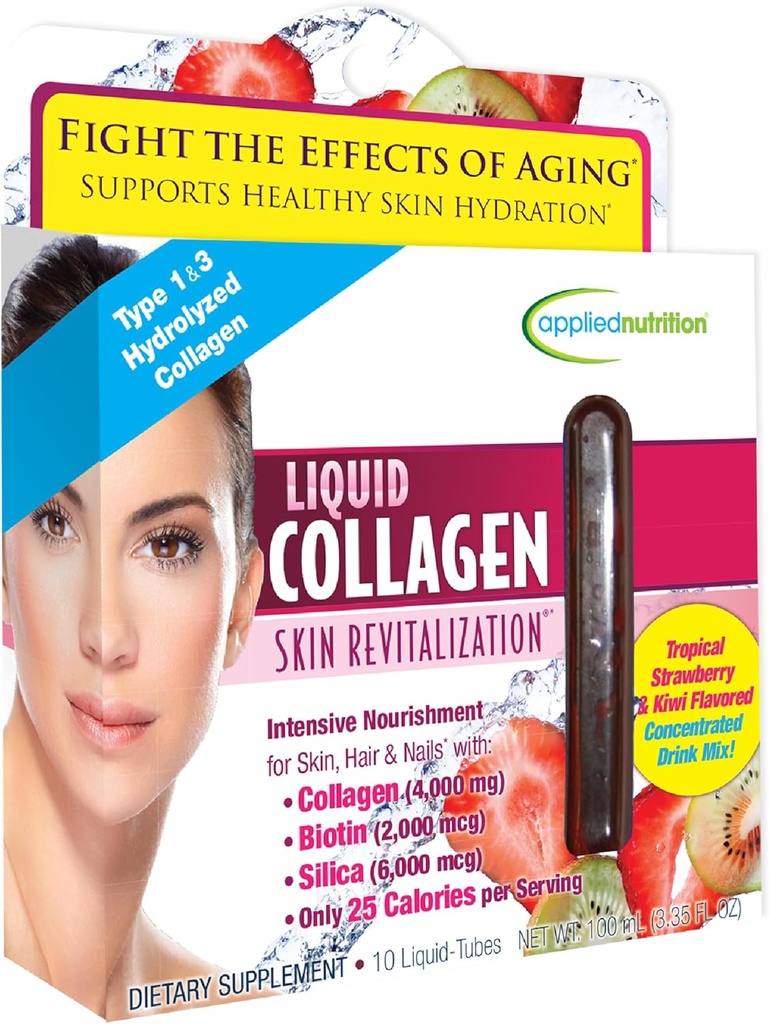 Nutrición aplicada Revitalización de la piel del colágeno líquido - 10 Tubos líquidos - Collagen, Biotina & Silica - Fresa tropical " Kiwi Flavor - 10 Servimientos