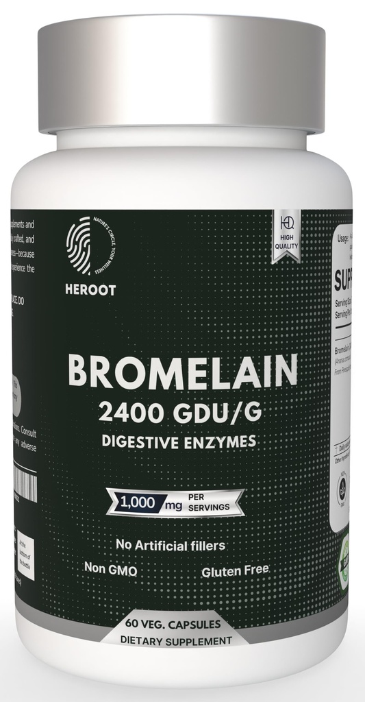 Bromelain 500mg ← 60 cápsulas basadas en plantas ← 2400 GDU Potency ← Apoya la salud conjunta y la digestión Silencio sin preservadores o aditivos artificiales