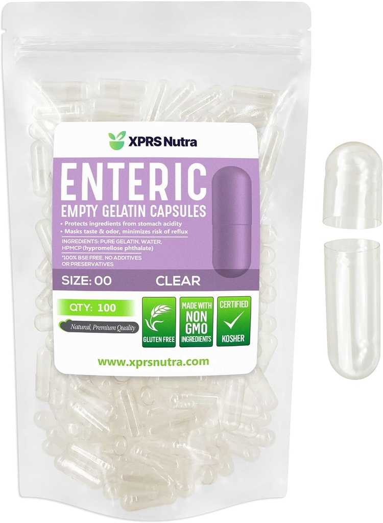 XPRS Superficies de Nutra 00 Empty Capsules - 100 Cuentas Clear Enteric Coated Gelatin Capsules - Delayed Release Pills - DIY Capsule Filling - Pure Bovine Empty Enteric Gel Caps