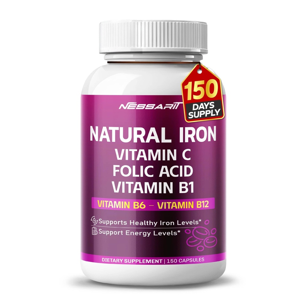 Hierro orgánico de alta potencia con vitamina C, ácido fólico - Fórmula de alta absorción Vitamina B1, Vitamina B6, Vitamina B12 - Soporte Sangre Edificio - 150 Conde - Hecho &amp; Tested in The USA