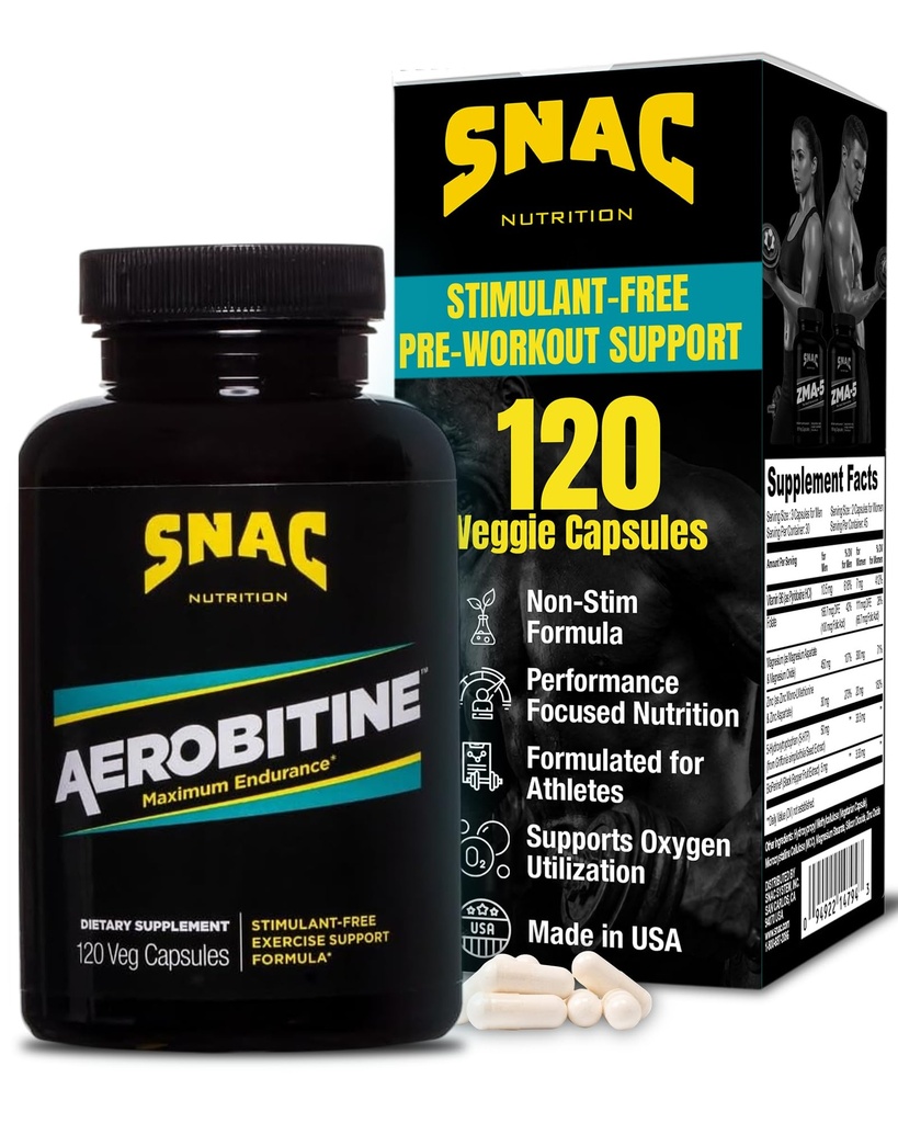 SNAC Aerobitine - Suplemento de Pre-Workout gratuito para máxima resistencia. Booster de óxido nítrico, mejora el flujo sanguíneo, reduce la fatiga y los beneficios termogénicos. 120 cápsulas de verduras